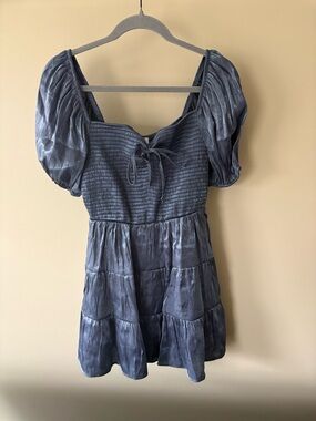 Smocked Puff Sleeve Mini Dress in Slate Blue